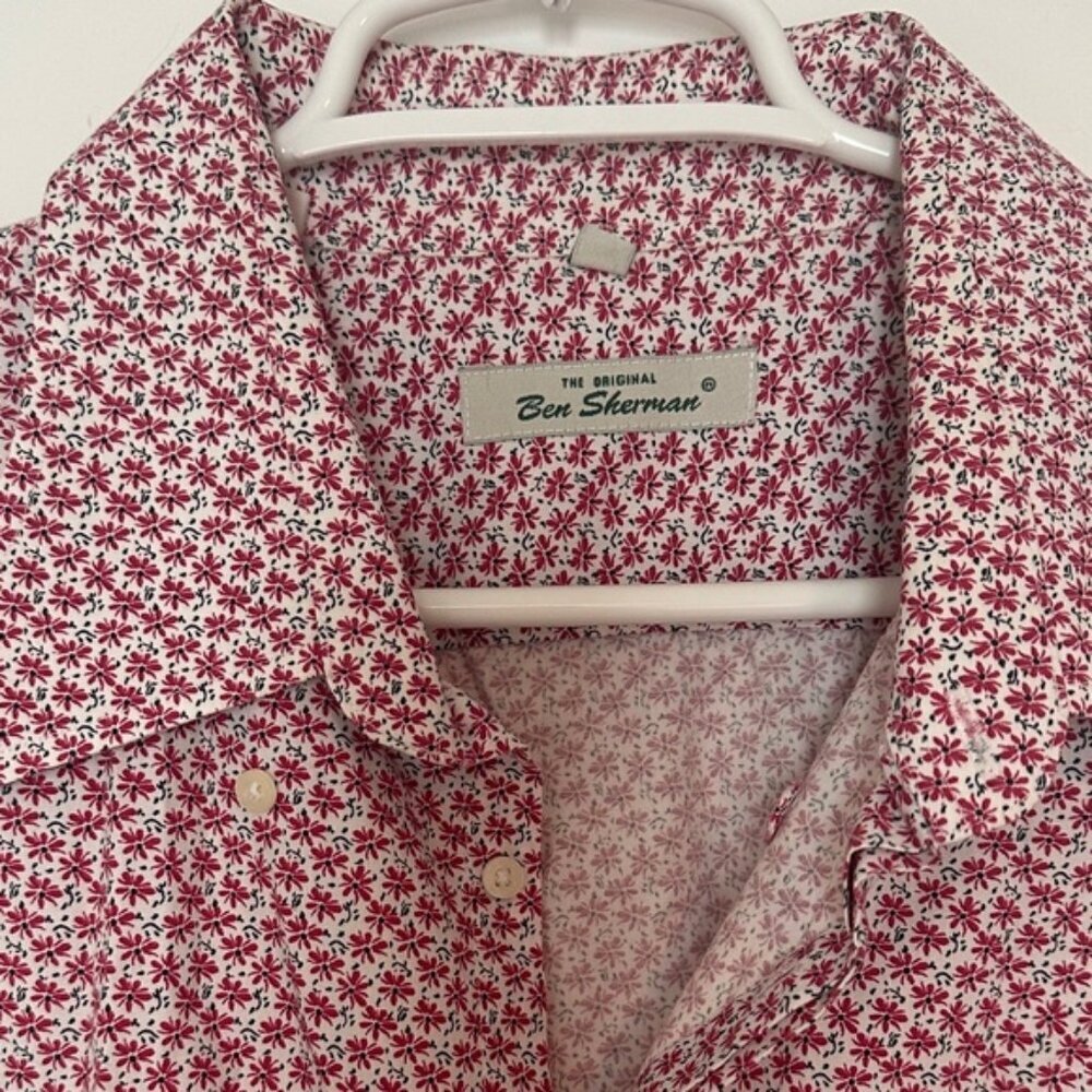 Vintage Y2K Ben Sherman Red and White Floral Geometric Men's Button Up Shirt 2XL - Picture 3 of 6